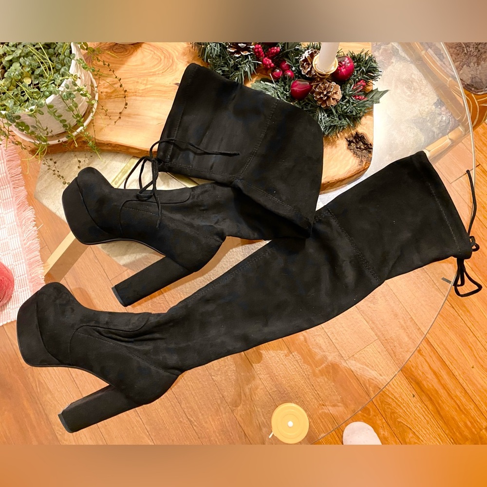 Black Over-the-Knee Velvet Women's Platform Heeled Boots